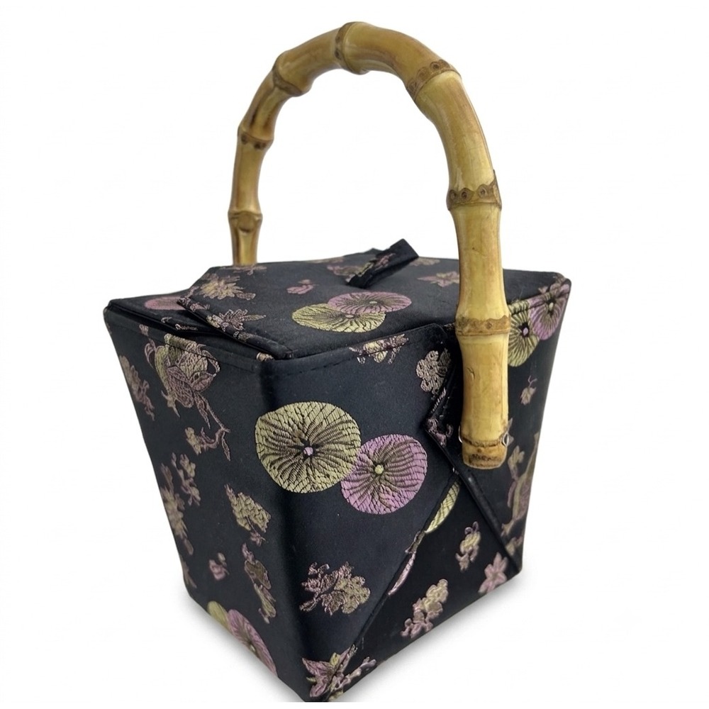 Tozai Chinese Takeout‎ Box Handbag Black Satin Floral Embroidered Bamboo Handle